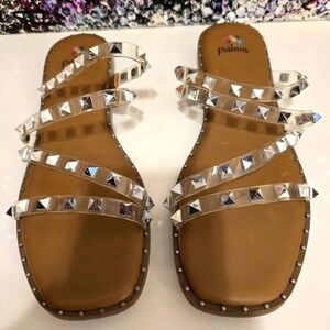 PALMS Silver Stud and Clear Vinyl Wrap on Sandal Square Toe Womens Size 8.5